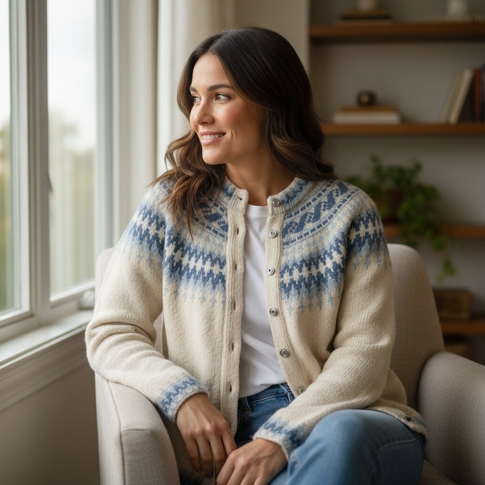 Handmade in Denmark‎ Wool XS (32" Chest) Fair Isle Cardigan Cream Blue Vintage